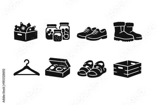 Collection of iconic symbols: clothes, footwear, storage, and food jars
