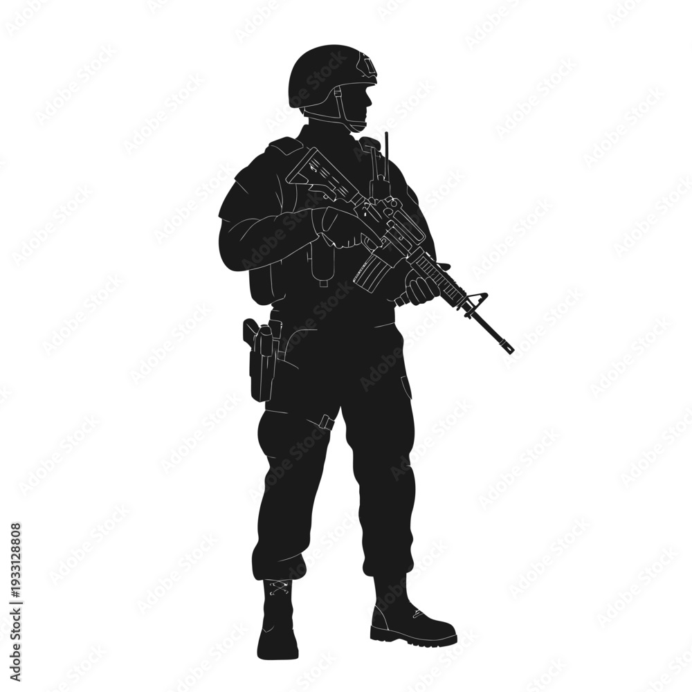 Obraz premium Silhouette of a soldier in full gear holding a rifle, ready for action