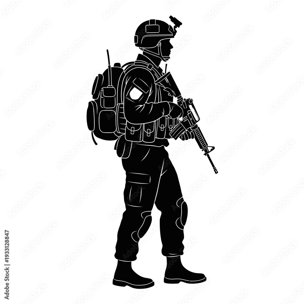 Fototapeta premium Silhouette of a soldier in full gear with rifle and backpack, ready for combat.