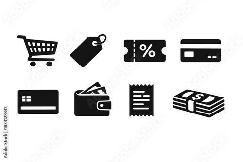 Shopping and finance icons: cart, tag, coupon, wallet, cash, cards