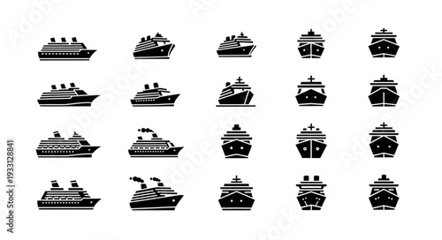 Collection of various cruise ship icons in black and white style for design.