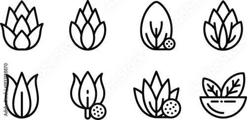 Artichoke vegetable line icon set, fresh organic leaf food outline vector illustration collection for healthy cooking design