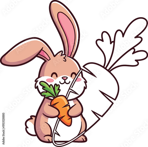 Cute cartoon rabbit happily hugs a large orange carrot with green.