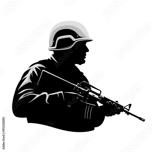 Silhouette of a Soldier in Helmet Holding Rifle, Military Combat Ready