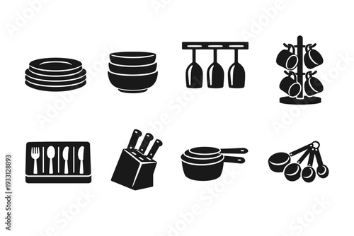 Black kitchen utensils and dishware silhouettes for modern design aesthetics