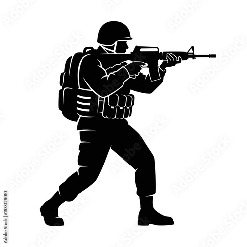 Silhouette of a soldier in uniform aiming a rifle, tactical gear, military action pose