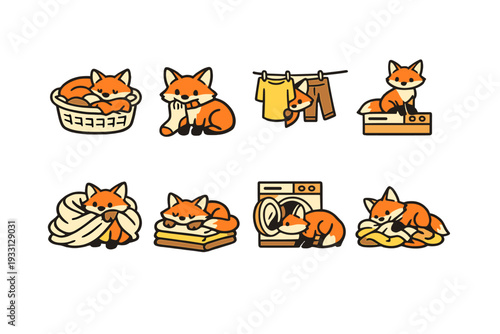 Cute foxes doing laundry: adorable cartoon scenes