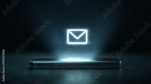 Digital Message Manifest: A modern smartphone levitates with a luminous digital mail symbol, embodying technological communication and a futuristic aesthetic.