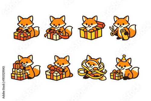 Cuadro en lienzo Cartoon foxes with gift boxes celebrating festive occasions