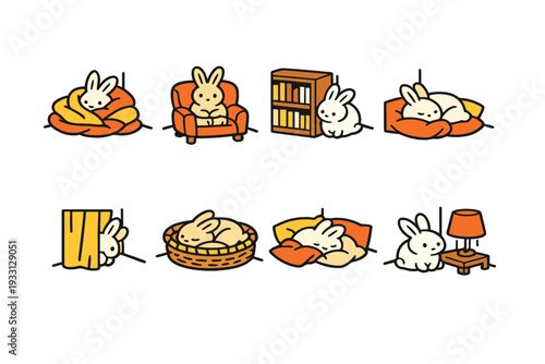 Cute cartoon bunnies relaxing indoors with cozy furnishings