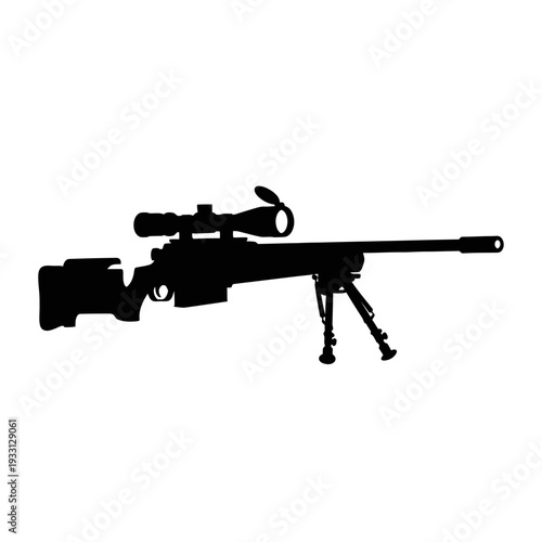 Silhouette of a sniper rifle with a scope and bipod on a white background