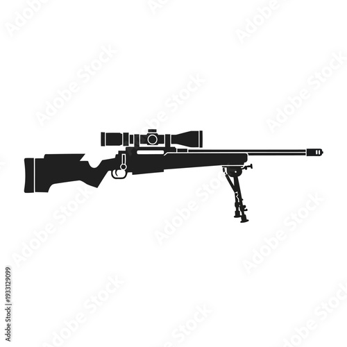 Silhouette of a sniper rifle with a scope and bipod on a white background