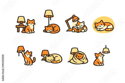 Cute orange cats relaxing and playing with lamps in cozy illustrations