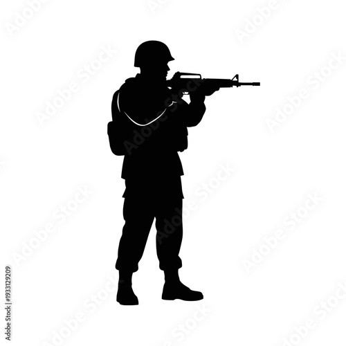 Silhouette of a soldier aiming a rifle, military, combat, action, focus, readiness