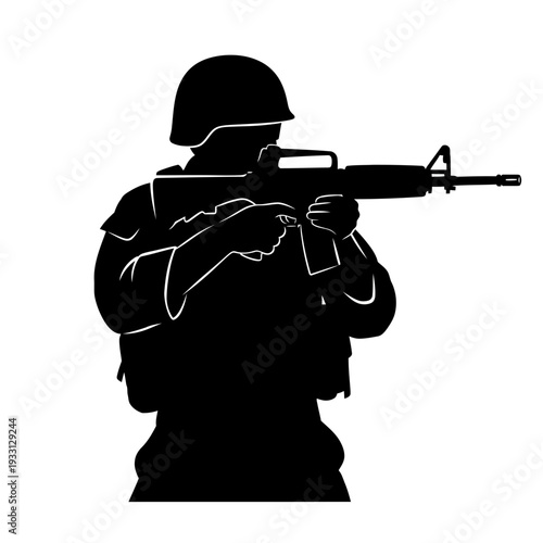 Silhouette of a soldier aiming a rifle, military, combat, war, action, focus