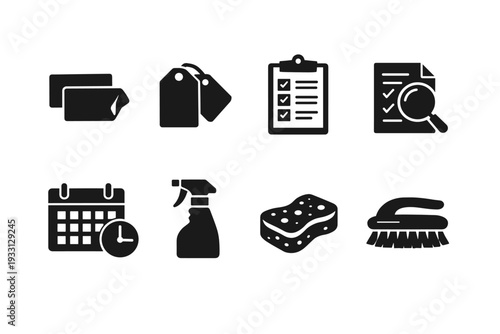 Cleaning icons: tags, checklists, calendar, spray bottle, sponge, brush