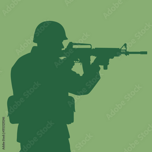 Silhouette of a soldier aiming an assault rifle, military concept, green background