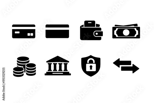 Financial icons: credit cards, wallet, cash, coins, bank, security, transfer