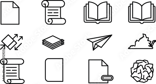 Document and file line icon set, paper scroll book outline vector illustration collection for office and business designDocument and file line icon set, paper scroll book outline 