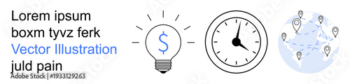 Business growth, global trade, time management, financial planning, creativity, globalization. Light bulb with dollar symbol, clock world map with location markers. Creativity and financial planning