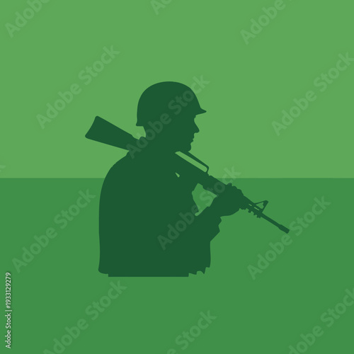 Silhouette of a soldier holding a rifle, military concept, green background