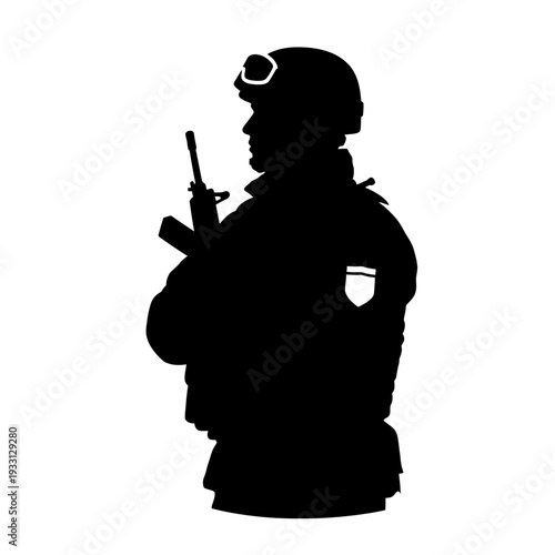 Silhouette of a soldier holding a rifle and radio, ready for action