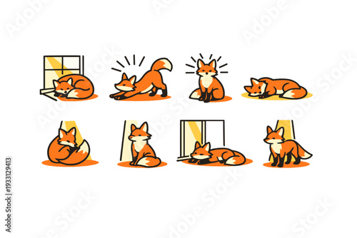 Cute cartoon orange foxes displaying various charming poses