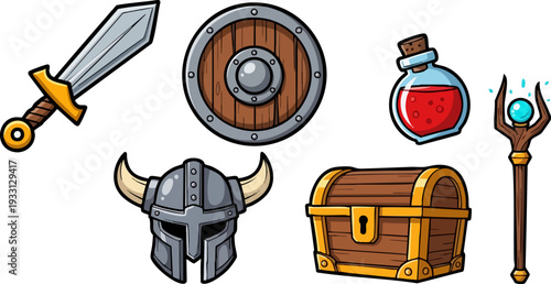 Collection of classic fantasy role playing game equipment including a metal sword wooden shield viking helmet potion chest and magic staff