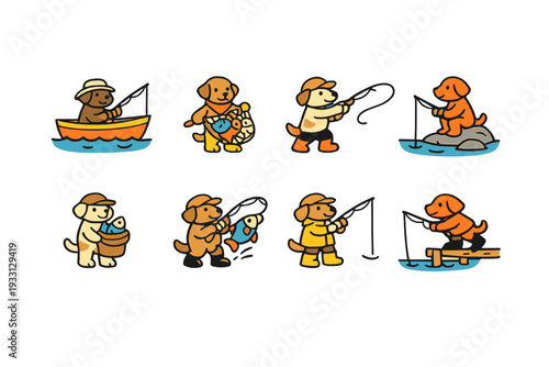 Cartoon dogs enjoying various fishing activities on calm water