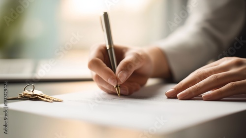 Signature of an Agreement: An individual's hand, holding a pen, meticulously signs a contract document, symbolizing agreement and commitment. Next to a set of keys.