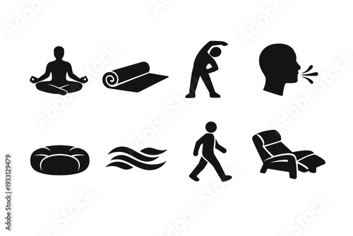 Mindfulness and relaxation icons: yoga, stretching, breathing, meditation, walking