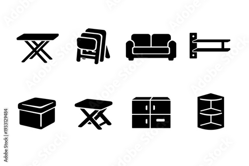 Black silhouette furniture icons: tables, chairs, sofa, shelves, cabinets