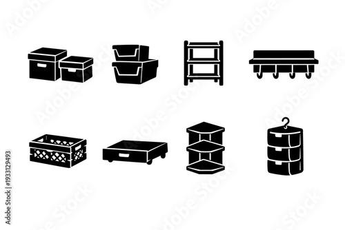Black and white home storage solutions icons collection