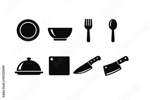Black kitchen utensils and cookware icons on white background