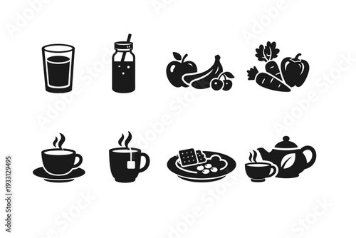 Black and white icons of beverages and foods including fruits and vegetables