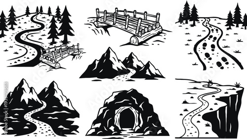 Mountain landscape vector illustration with winding roads and bridges