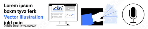 Business analytics, financial transactions, digital payments, online tools, voice recording, fintech technologies. Graphs on computer screen, hand with cash microphone icon. Business analytics