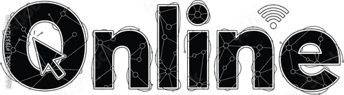 Digital online word features circuit board texture and cursor icon.