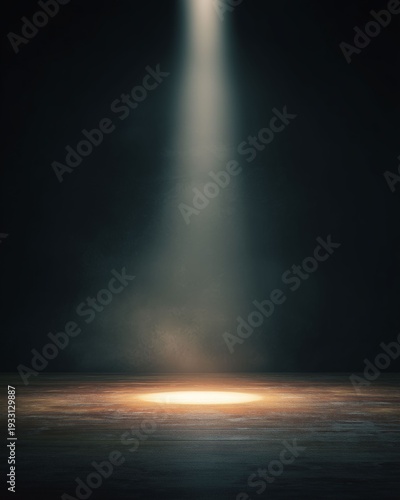 Spotlight: The image features a bright spotlight shining down on a darkened stage, creating a dramatic contrast and focal point.