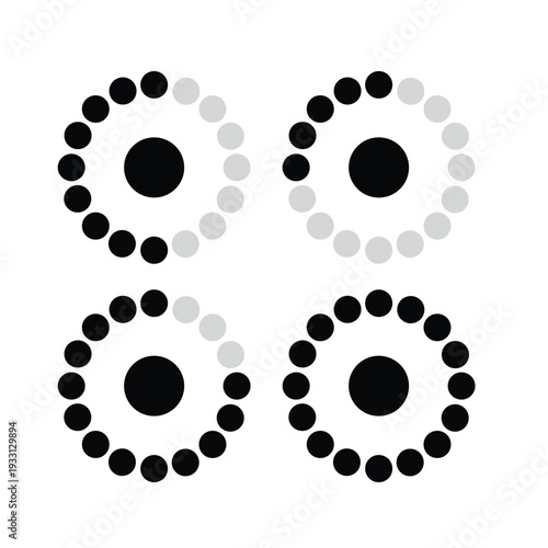 Minimalist set of four circular progress loaders made of black dots, representing different stages of data processing or system loading.