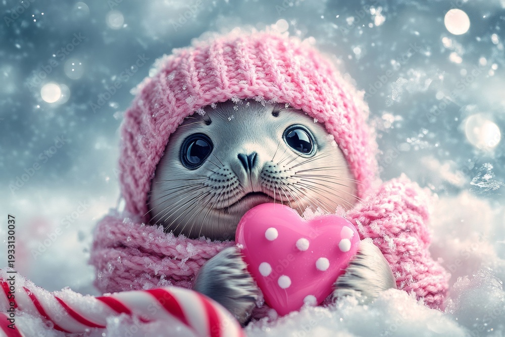 Obraz premium Cute baby seal in pink hat holding heart on snowy winter day