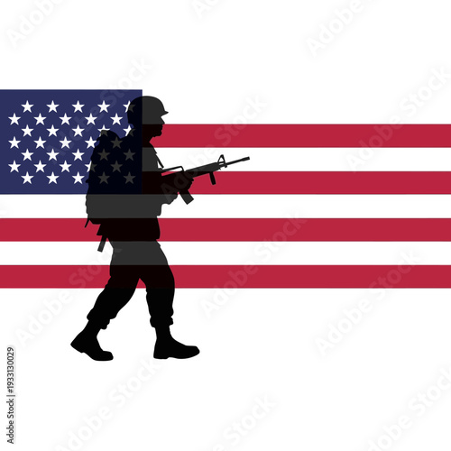 Silhouette of American soldier with rifle against US flag background