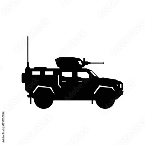 Silhouette of an armored military vehicle with a machine gun turret and antenna