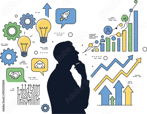 Silhouette of a thinker analyzing growth charts and business strategy.