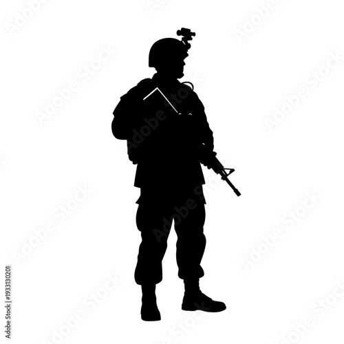 Silhouette of a soldier in uniform with rifle, ready for action, military concept
