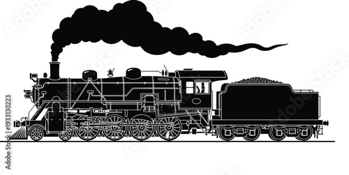 Black vector silhouette of a classic steam locomotive train with smoke for concepts of vintage transportation railway history and branding,