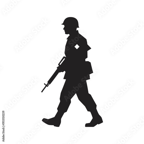 Silhouette of a soldier marching with a rifle, military concept, side view