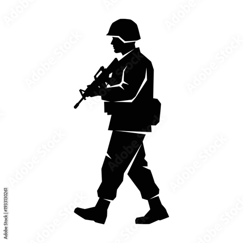 Silhouette of a soldier marching with a rifle, military, army, war, combat, uniform