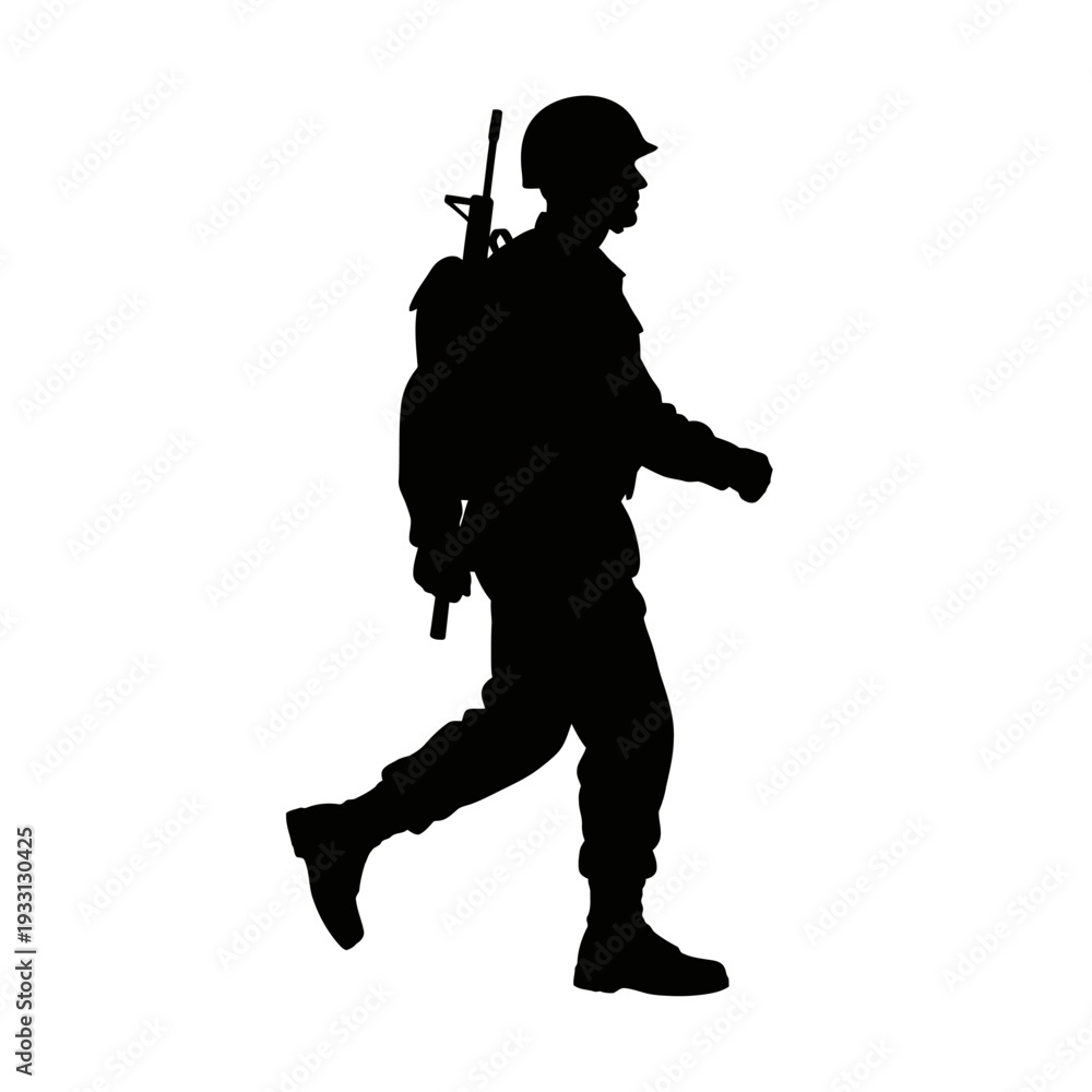 Obraz premium Silhouette of a soldier walking with a rifle and backpack, military concept