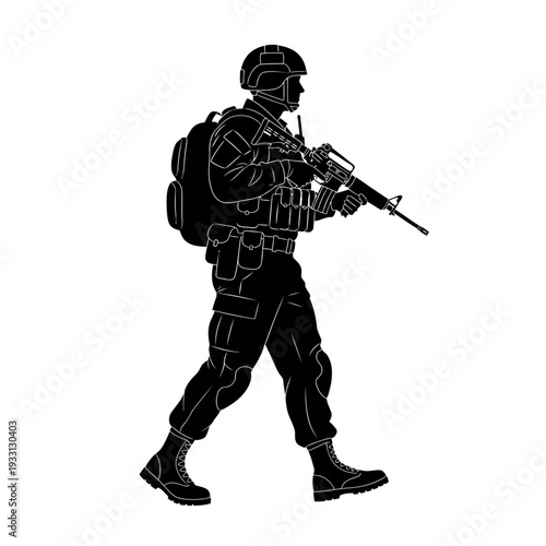 Silhouette of a soldier walking with a rifle and backpack, military concept